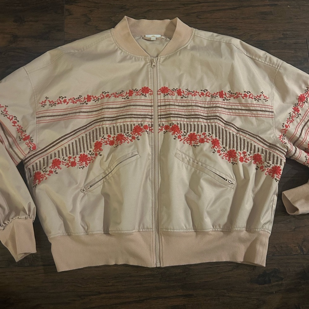 Chic Floral Beige Bomber Jacket